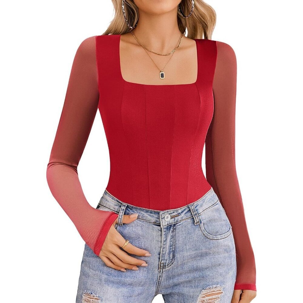 Women's Red Long Sleeve Bodysuits Square Neck One Piece Mesh Leotard Tops